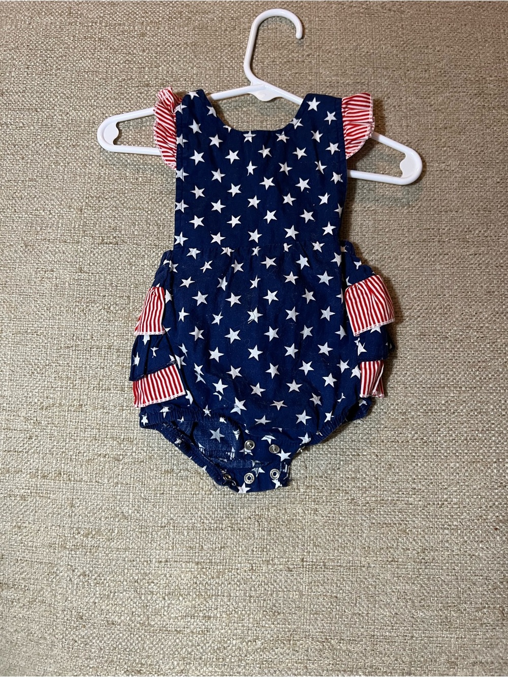 Navy Star Baby Romper with Red Stripe Ruffles